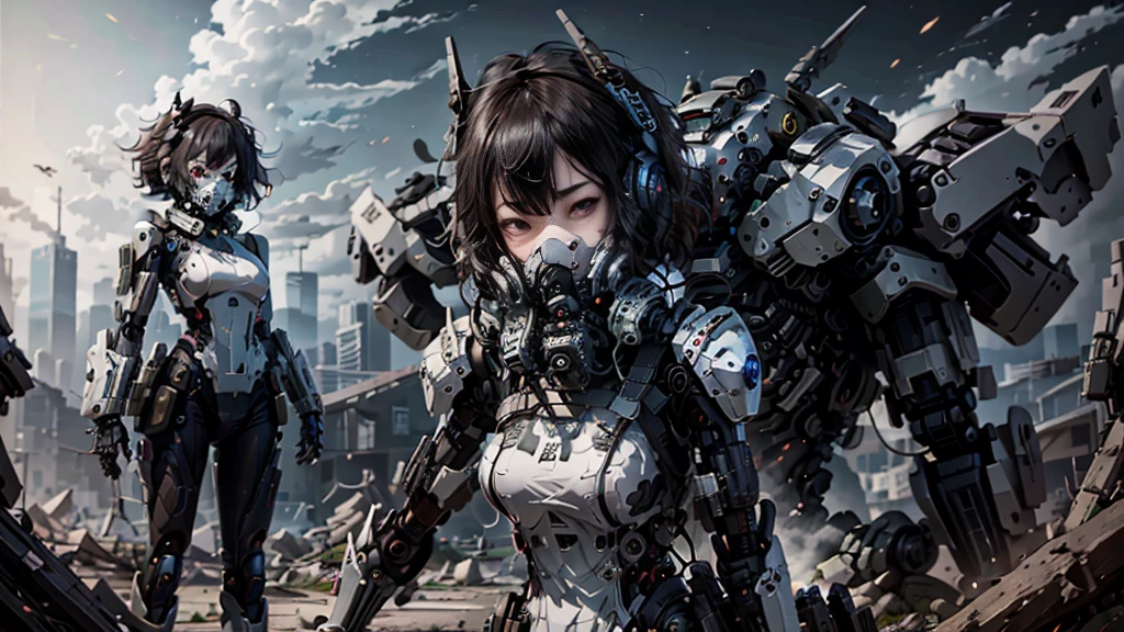 This is a CG Unity 8k wallpaper with ultra-detailed, high-resolution and top quality in cyberpunk style, dominated by black and red. In the picture, a beautiful girl with white messy short hair, a delicate face, wearing a steam mecha mask, standing on the ruins, behind her is a huge robot, and the action of a woman holding a heavy sniper rifle in her hand,