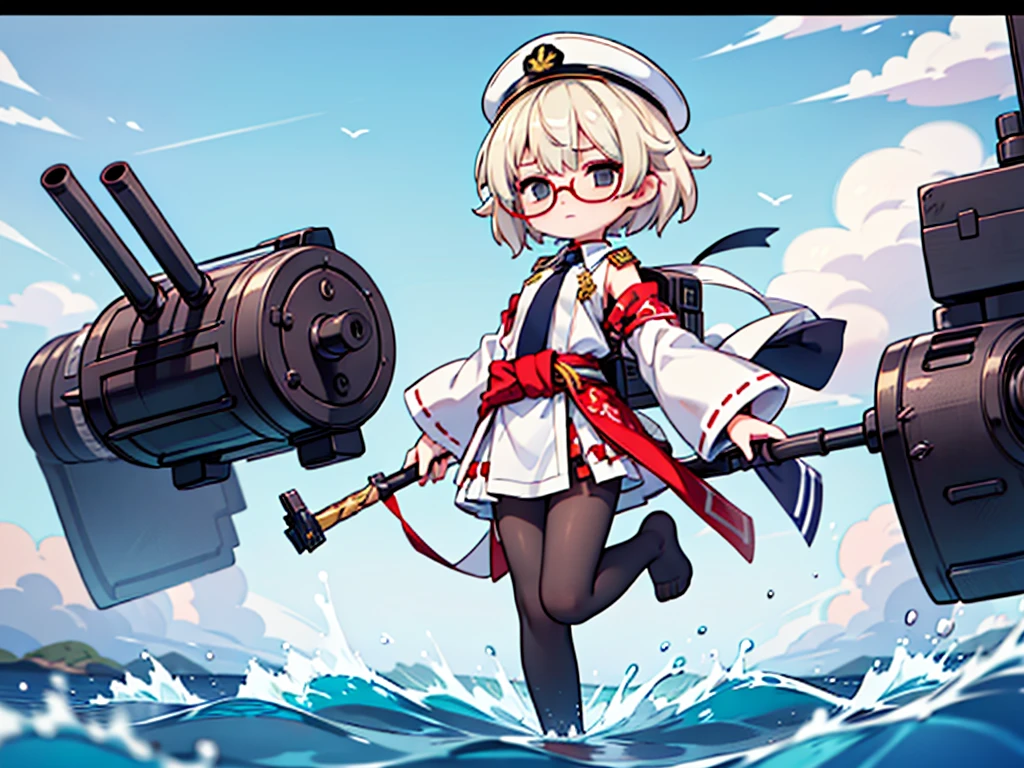 (((masterpiece, Vision))), ((((Full body of a woman with perfect flat chest、1 Female、solo、Short unkempt black hair、Tie your messy hair at the nape of your neck、white military jacket、Miko costume、black tights、Black glasses、White military cap、Cloudy black eyes、Confused eyes、Junyo-inspired emblem)))), (((Shipgirl))), ((Floating on the morning sea with both feet)), (Standing with your legs apart), (Hold the turret grip with your right hand), (A mechanical arm extending from the waist is used to attach a turret), (Equipped with a turret on the back), (His left arm holds the grip of a triple machine gun), Shotgun shell in left arm, Spreading the Machine's Wings, 2. Machine Tail, A mechanical prosthetic arm holds the turret,