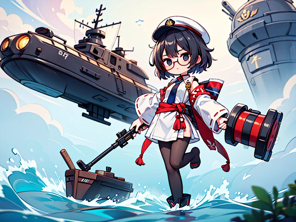 (((masterpiece, Vision))), ((((Full body of a woman with perfect flat chest、1 Female、solo、Short unkempt black hair、Tie your messy hair at the nape of your neck、white military jacket、Miko costume、black tights、Black glasses、White military cap、Cloudy black eyes、Confused eyes、Junyo-inspired emblem)))), (((Shipgirl))), ((Floating on the morning sea with both feet)), (Standing with your legs apart), (Hold the turret grip with your right hand), (A mechanical arm extending from the waist is used to attach a turret), (Equipped with a turret on the back), (His left arm holds the grip of a triple machine gun), Shotgun shell in left arm, Spreading the Machine's Wings, 2. Machine Tail, A mechanical prosthetic arm holds the turret,