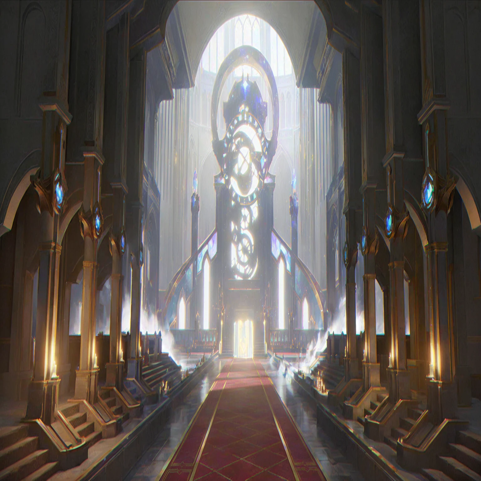 There is a big room,Rolling out the red carpet,There is a big window, decadent The Golden Throne Room, library of ruina Concept Art, Gothic Epic Library Concept, exquisitely designed The Golden Throne Room, The Golden Throne Room, cyberpunk cathedral, Gorgeous border + Concept Art, 8 k high detail Concept Art, award winning Concept Artist, Infinite Celestial Library, Concept Arts, Futuristic Palace, Entering the Etheric Realm