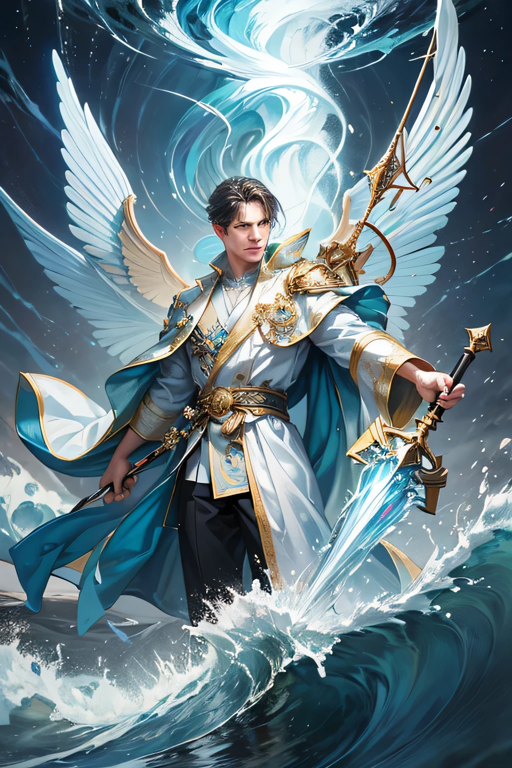 "Create an ultra-realistic image of a strikingly handsome men 33 years old male fairy with magnificent large wings that evoke the vastness of the water and the intensity of deep ocean. He should be holding a magical staff that crackles with the power of the water and waves. Dress him in an elegant outfit with shades of yellowish white and blue, reflecting the colors of dawn and the ethereal water. Surround him with elements of the water, such as storm clouds and flashes of lightning, to emphasize his connection to the water and waves. Include a distinct water symbol or design on his body, signifying his role as the keeper of the water and illustrating the profound water energy he possesses within him."