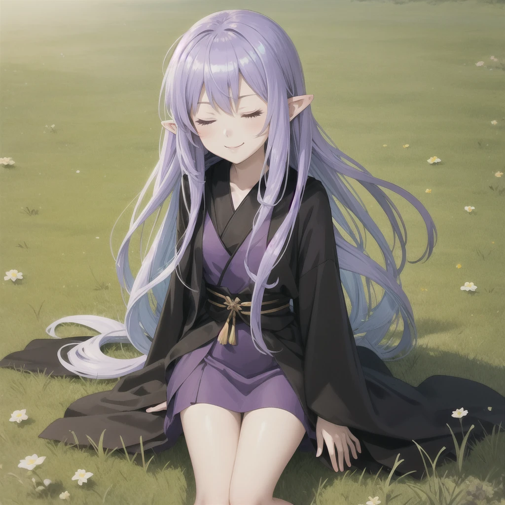 anime girl long purple hair wearing a black Robe. she has pointy ears. Manga kawaii. iridescent ,An illustration, 0ne person .Sitting in the grass, hair blowing in the wind, Eyes closed