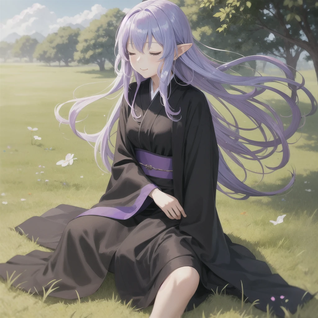 anime girl long purple hair wearing a black Robe. she has pointy ears. Manga kawaii. iridescent ,An illustration, 0ne person .Sitting in the grass, hair blowing in the wind, Eyes closed