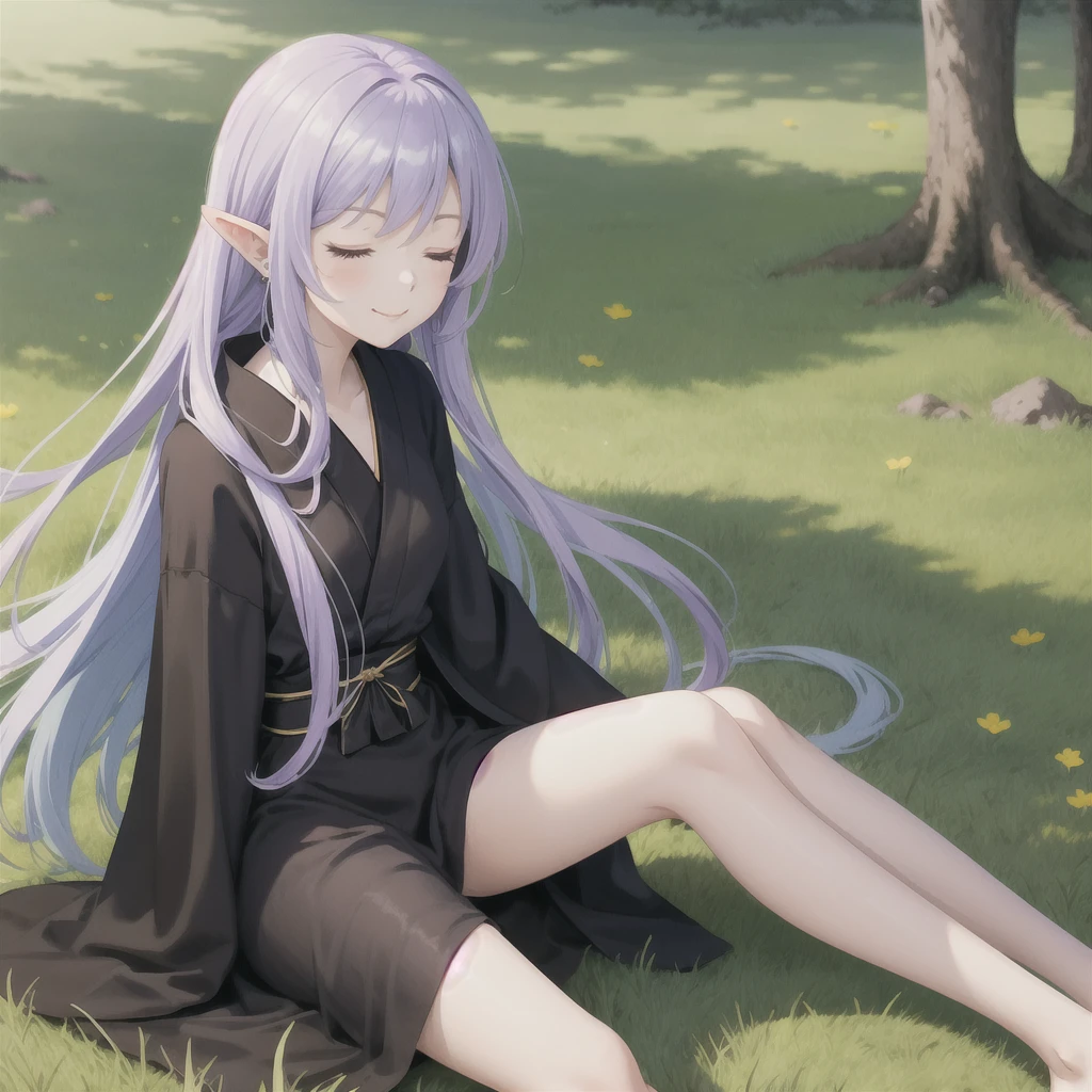 anime girl long purple hair wearing a black Robe. she has pointy ears. Manga kawaii. iridescent ,An illustration, 0ne person .Sitting in the grass, hair blowing in the wind, Eyes closed