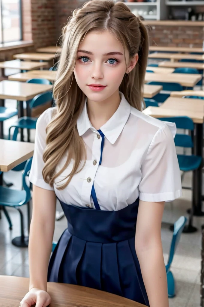 (((European Caucasian Woman)))、(((Mary, 18 years old)))、one person、(Thin contours、Grey Eye:1.5)、(Thin contours)、Big Breasts、Narrow waist、(((White and translucent skin:1.3)))、Beautiful, shiny blonde medium-long hair、High-resolution images,((Tabletop,Highest quality))One Girl, alone, Full body image,cafeteria,Inside the room, hair ornaments, High school girl wearing a white uniform,Esbian all over,Looking at the camera