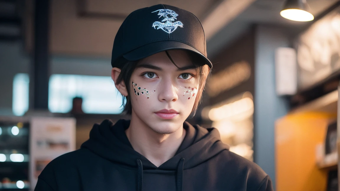 Solitary,hairy,Male Lightning Cheetah,Silver reflective hair,White skin,gray spots,Blue streaks on face,Gray ears,blue eyes,Sharp claws,巨大的hairy尾巴,Wearing a black hoodie,Wearing a blue baseball cap,Detailed background,cafes,4K,CG,Cool