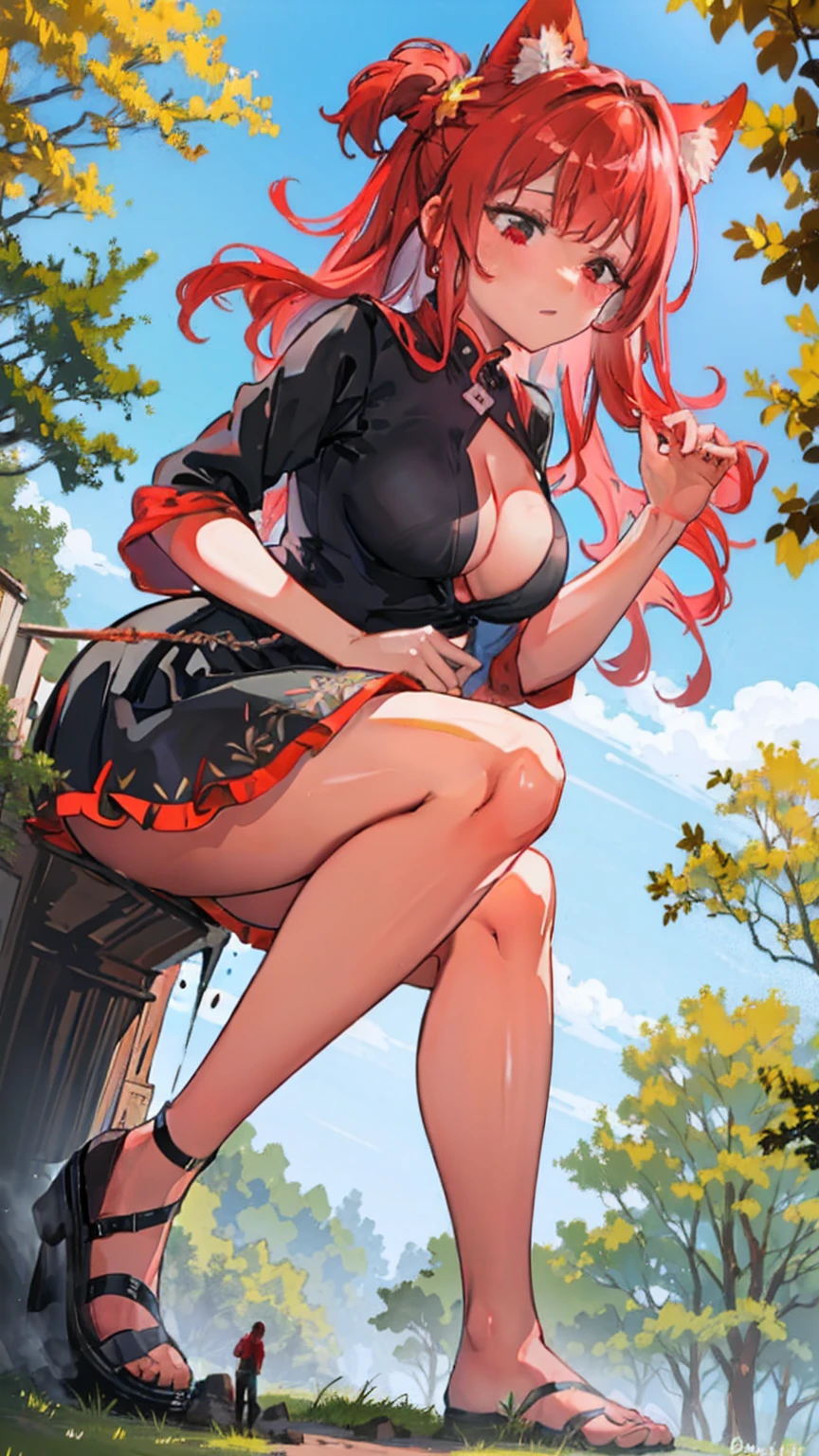 Giantess, with a sexy dress, red hair and sexy skin from the forest defending the threes from tiny people, that comes to cut down trees and destroy nature. Goddess, sexy, hot, tall, curvy body, tall woman, long legs, sexy legs