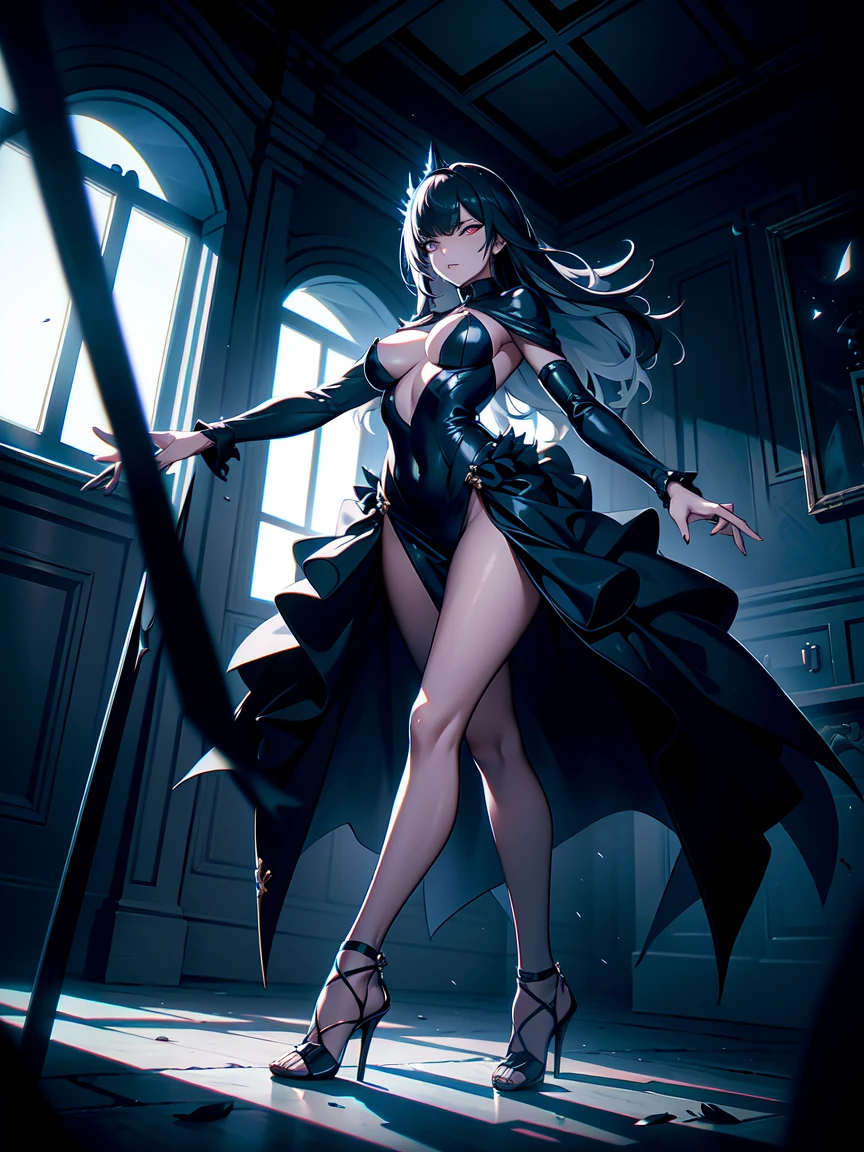 A hauntingly lit, darkened room serves as the backdrop for this disturbing scene. The cruel woman, a vision of beauty and terror, stands tall in a provocative pose, her stiletto heels gleaming menacingly as she tramples and kills adorable animals scattered at her feet. Her legs, toned and muscular beneath her designer dress, appear to be made for destruction rather than seduction.