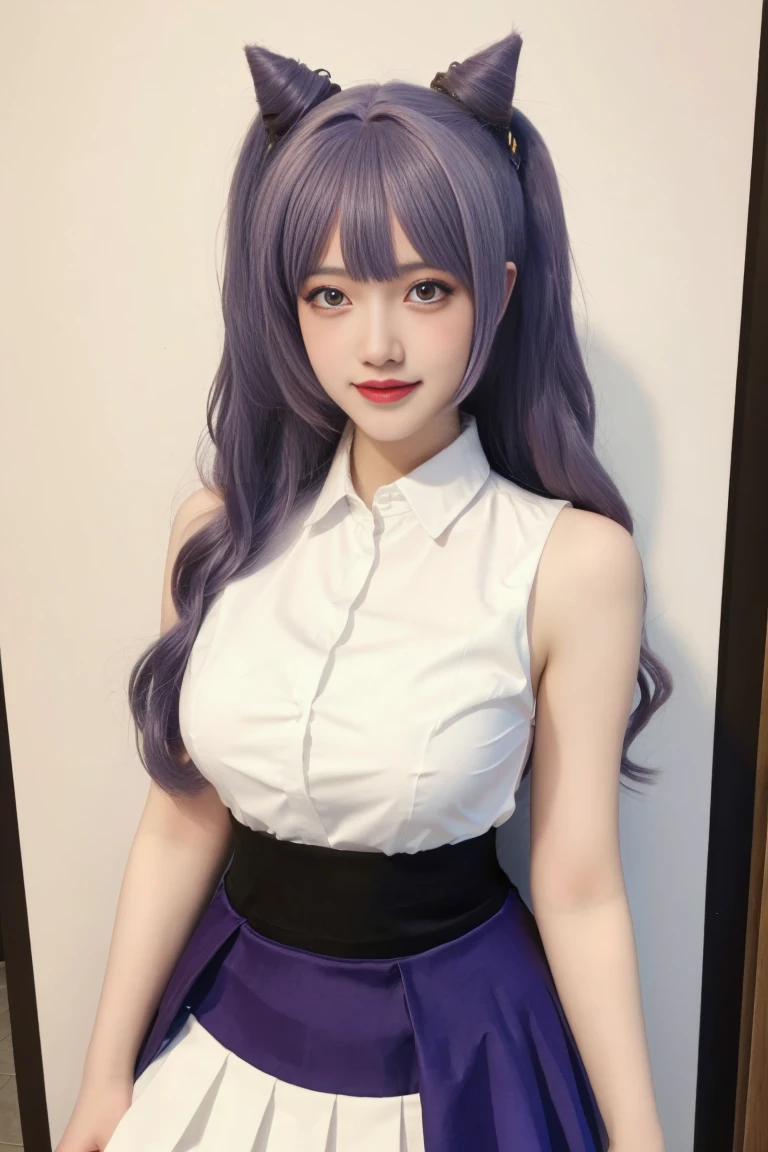 best quality, tmasterpiece,Ultra-high resolution,Clear face,（Reality：1.4），ferpect lighting，(upper body photo:1.5), (photorealistic:1.50), anime wallpaper, Guviz style artwork, cover-up fantasy up to magic , by Yang J, Guviz, beautiful artwork illustration, beautiful digital artwork, beautiful digital illustration, Li Song, beautiful anime portrait, art style in Beauvot, 1girl, 独奏, looking at the audience, smiling, closed mouth, bangs, keqing cosplay costume, cosplay, hair ornament, jewelry, high heels, inside, In the room, Hallway, Door, standing, twintails, triangle hair ornament, (purple hair:1.5), (Short pencil skirt:1.3), (White shirt:1.5) (Black skirt:1.5), (Sleeveless shirt:1.5), (Office clothes), (medium breasts:1.3), purple eyes,