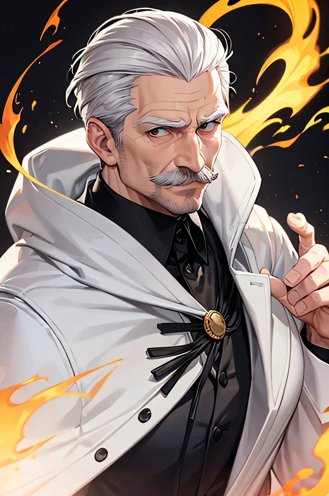 anime, old man, burnt dark skin, dark red scarf, white suit, white overcoat, long ponytail, tiny beard, black gloves, fire