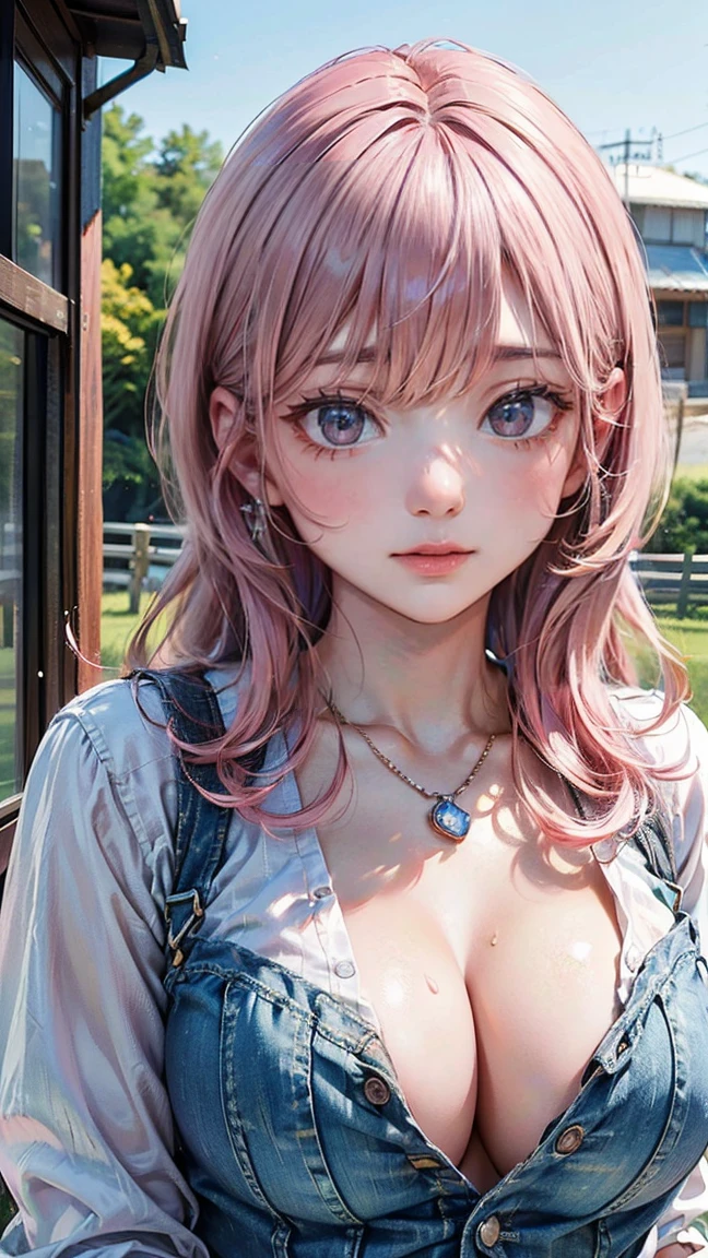 (Masterpiece, BestQuality:1.3), (ultra detailed:1.2), (hyperrealistic:1.3), (RAW photo:1.2), High detail RAW color photo, professional photograph, (Photorealistic:1.4), (realistic:1.4), (Pink Hair:1.5), professional lighting, perfect anatomy, (Big Breasts:1.2), (blush, detailed face), (cheerful Smile:1.5), Trending Hair&Trending Hairカラーをランダムに, earrings, necklace, bracelet, sexly, erotic sexly, Random sexy gravure poses, (White casual shirt and denim、And the girl wearing、Smiling on a rural ranch。:1.3)