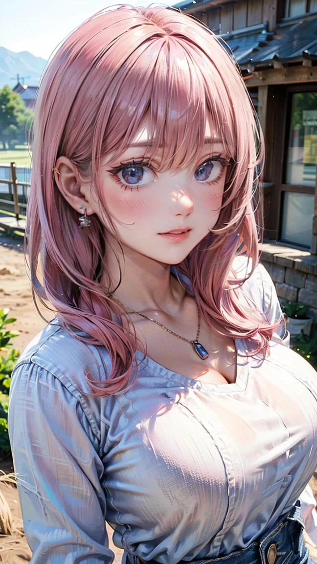 (Masterpiece, BestQuality:1.3), (ultra detailed:1.2), (hyperrealistic:1.3), (RAW photo:1.2), High detail RAW color photo, professional photograph, (Photorealistic:1.4), (realistic:1.4), (Pink Hair:1.5), professional lighting, perfect anatomy, (Big Breasts:1.2), (blush, detailed face), (cheerful Smile:1.5), Trending Hair&Trending Hairカラーをランダムに, earrings, necklace, bracelet, sexly, erotic sexly, Random sexy gravure poses, (White casual shirt and denim、And the girl wearing、Smiling on a rural ranch。:1.3)