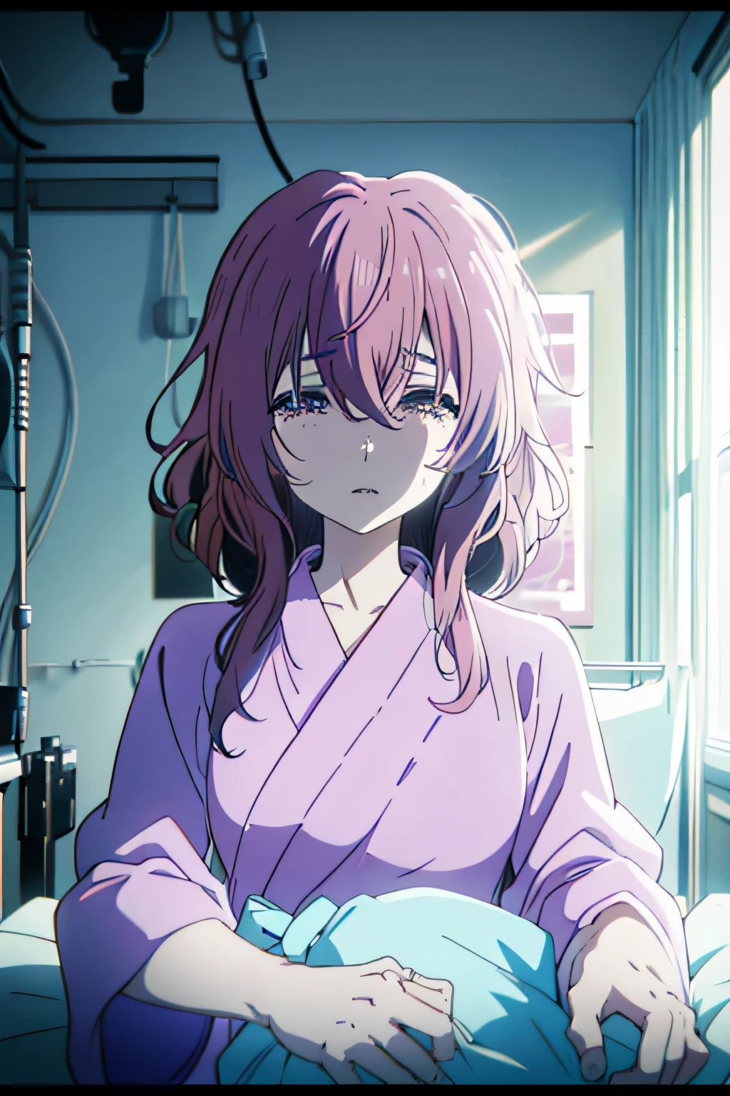 masterpiece，Best quality，1 Girl，Shoko Nishimiya，sad，Tears，Breast augmentation，Lying in a hospital bed，Pink hair，White hair，Messy hair，Bathrobe Hospital Gown