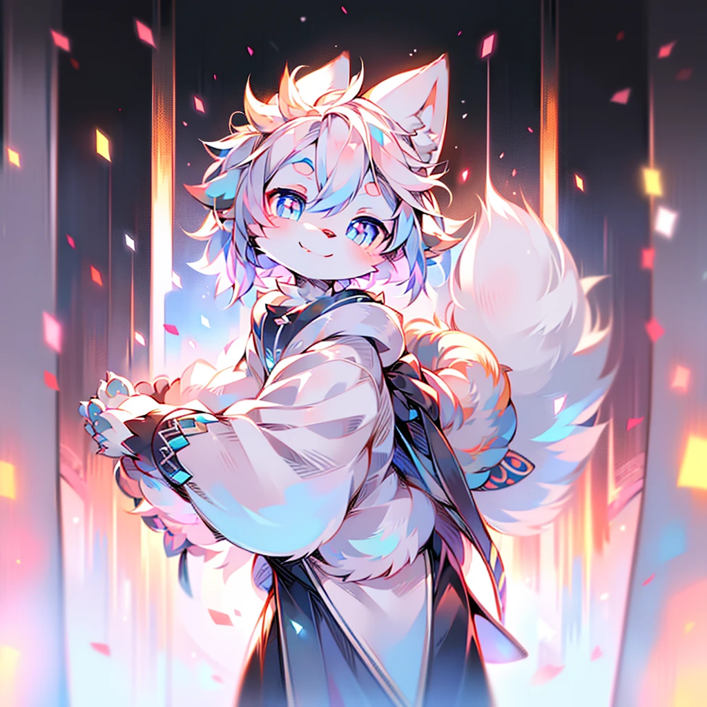 kawaii style, furry, Alone, male, White fox . beautiful, adorable, brightly colored, happy, anime influence, Very detailed, femboy body type, gray pupils