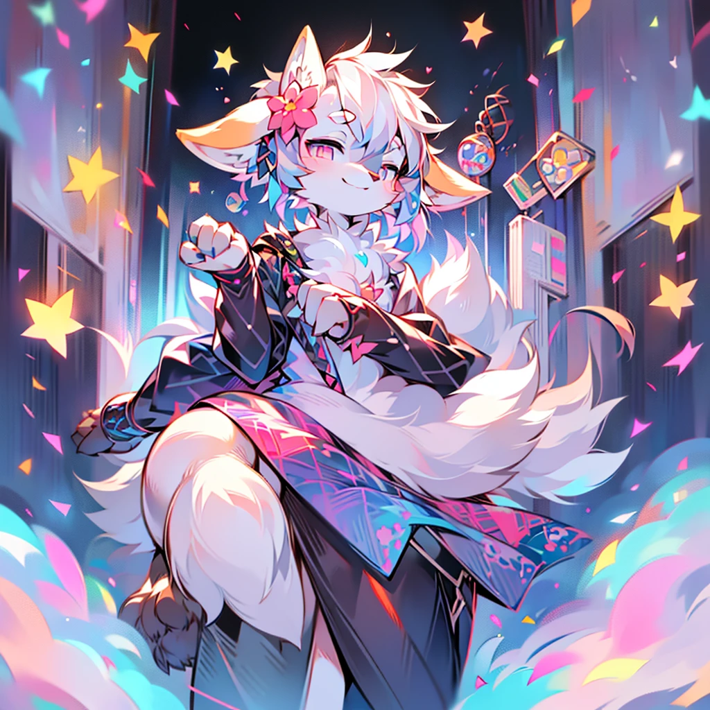 kawaii style, furry, Alone, male, White fox . beautiful, adorable, brightly colored, happy, anime influence, Very detailed, femboy body type, gray pupils