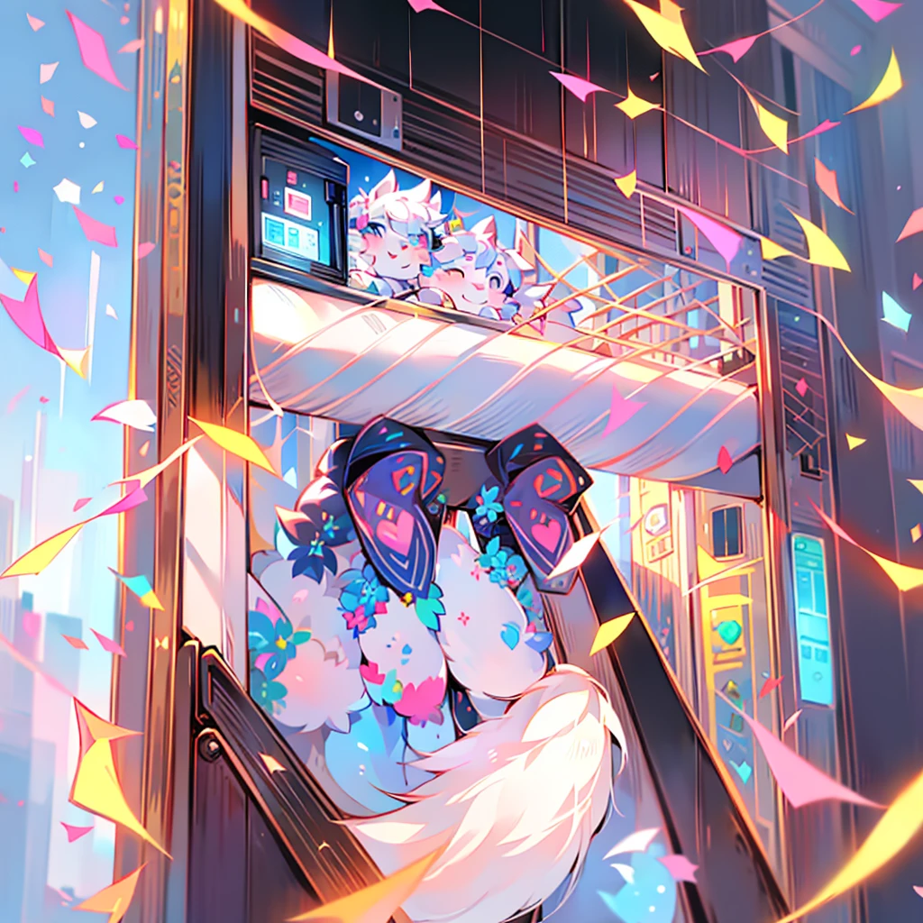 kawaii style, furry, Alone, male, White fox . beautiful, adorable, brightly colored, happy, anime influence, Very detailed, femboy body type, gray pupils