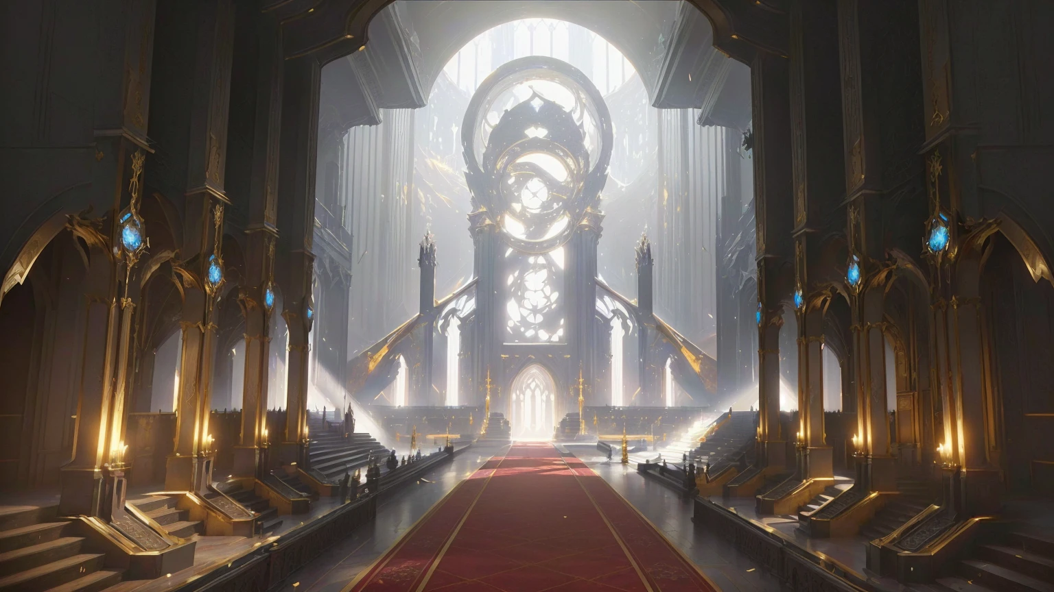 There is a big room,Rolling out the red carpet,There is a big window, decadent The Golden Throne Room, library of ruina Concept Art, Gothic Epic Library Concept, exquisitely designed The Golden Throne Room, The Golden Throne Room, cyberpunk cathedral, Gorgeous border + Concept Art, 8 k high detail Concept Art, award winning Concept Artist, Infinite Celestial Library, Concept Arts, Futuristic Palace, Entering the Etheric Realm