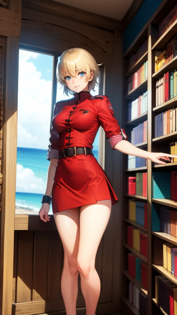 Seras Viktoria, Red top ,1girl , Red skirt, beach, masterpiece, medium ass, good Athonomy , indoors, library, detailed
