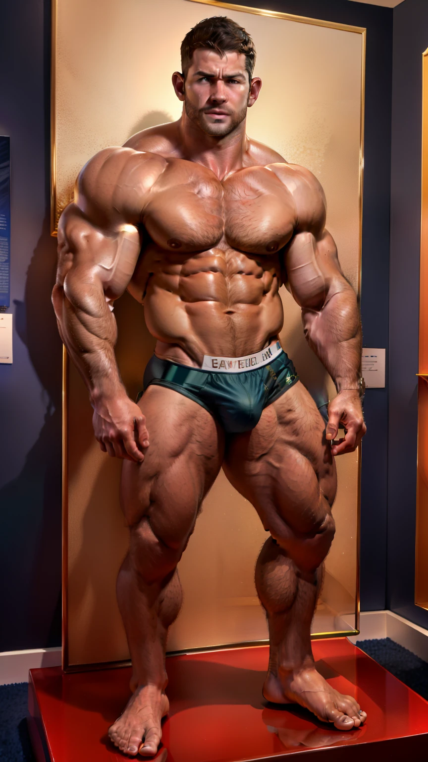 exhibition,museum,2 boys,full body,wax figure,wax figure,wax figure,wax figure,wax figure,full body,mannequin,only underwear,bare feet,Muscular man with open mouth,Chris Redfield,He wears a briefs,briefs,He had sad eyes in his eyes,Grievanced frown,Emerald charming eyes,Tall and burly,musculous!Tall, Burly and strong, Extremely detailed depiction of faces,Exquisite facial features,super gain and cool, commission for high resolution, Attractive strong men,only underwear,