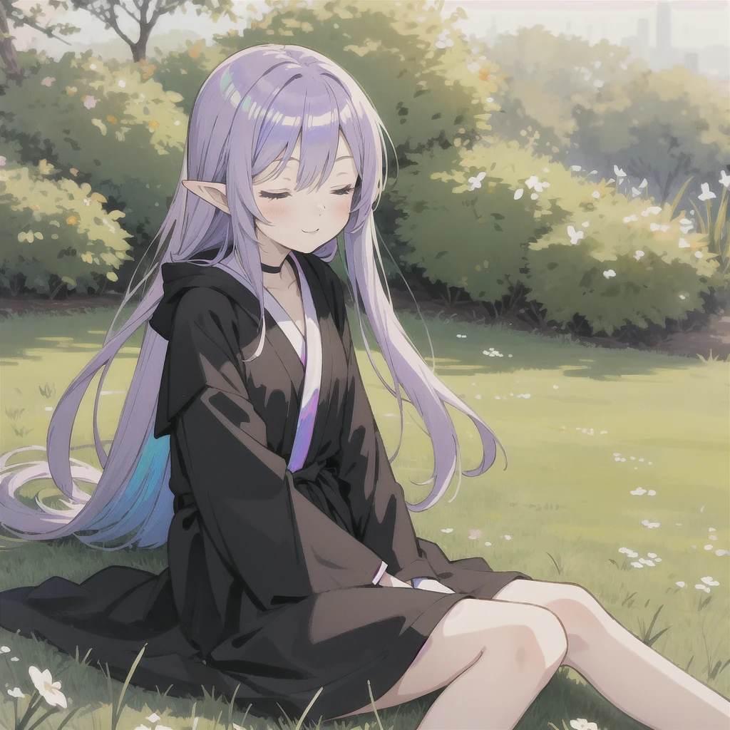 anime girl long purple hair wearing a black Robe. she has pointy ears. Manga kawaii. iridescent ,An illustration, 0ne person .Sitting in the grass, hair blowing in the wind, Eyes closed