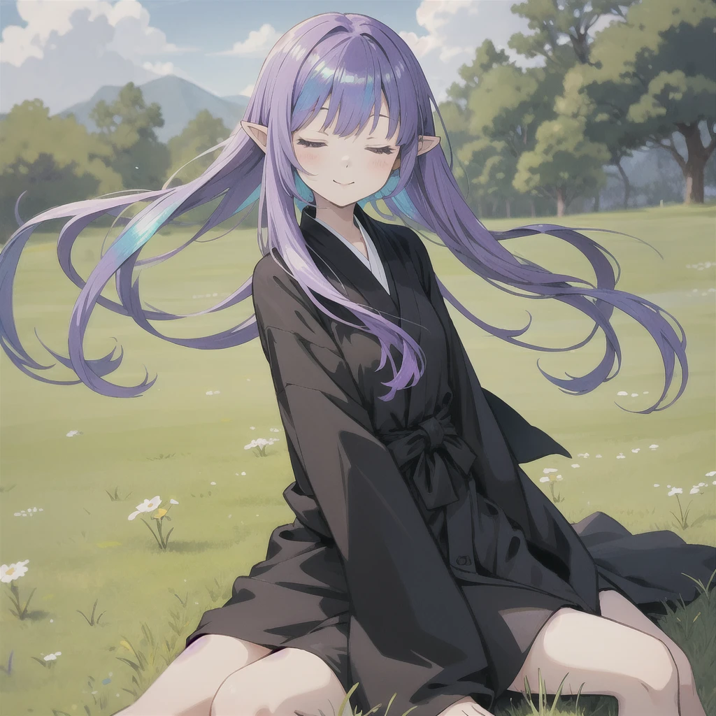 anime girl long purple hair wearing a black Robe. she has pointy ears. Manga kawaii. iridescent ,An illustration, 0ne person .Sitting in the grass, hair blowing in the wind, Eyes closed
