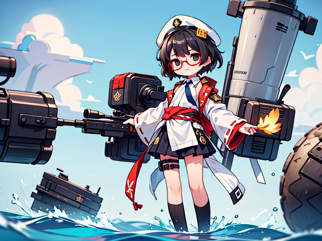 (((masterpiece, Vision))), ((((Full body of a woman with perfect flat chest、1 Female、solo、Short unkempt black hair、Tie your messy hair at the nape of your neck、white military jacket、Miko costume、black tights、Black glasses、White military cap、Cloudy black eyes、Confused eyes、Junyo-inspired emblem)))), (((Shipgirl))), ((Floating on the morning sea with both feet)), (Standing with your legs apart), (Hold the turret grip with your right hand), (A mechanical arm extending from the waist is used to attach a turret), (Equipped with a turret on the back), (His left arm holds the grip of a triple machine gun), Shotgun shell in left arm, Spreading the Machine&#39;s Wings, 2. Machine Tail, 3Shipgirl, 