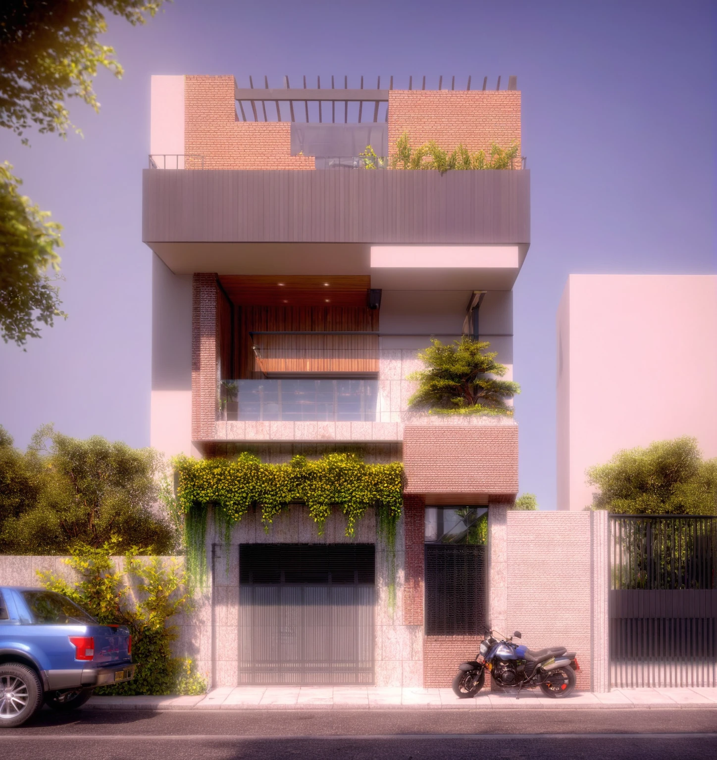there is a motorcycle parked outside of a house with a fence, concept house, highly rendered!!, professional render, lumion render, realistic render, 3 d vray render, render vray, vray render, architectural visualization, very realistic 3 d render, highly detailed render, complete house, realistic 3 d style, render in vray, in style of ultra realistic