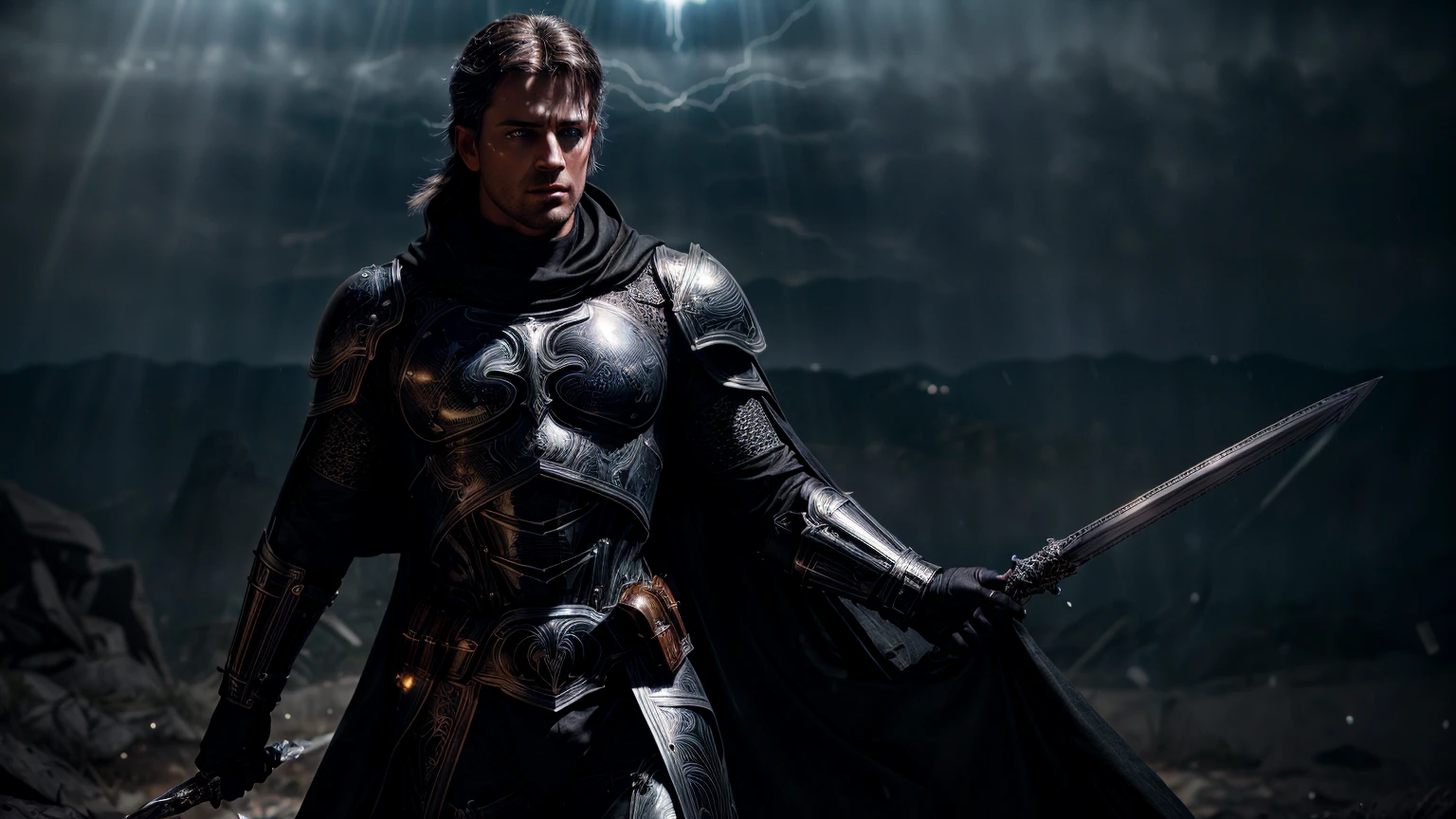 full body Male paladin wearing a black leather armor under a shiny black intricate elaborated plate chest armor with silver lightnings accents, long black cape with silver lightnings ornaments, holding a great silver sword, highly dramatic picture, dynamic pose, (((cinematic lighting))), ((clear details)), (1 man), Masterpiece, Of the highest quality, Colorful cinematic lighting, portrait photography, dappled light, HDR, Very detailed, 8k, Hyper realistic, F1.4 opening, 8mm film grain, Cinestill 800, (hyper-realistic lifelike texture:1.4, realistic eyes:1.2), (octane render, unreal engine 5), (ecstasy of light and shadow:1.5, deep shadow:1.5),