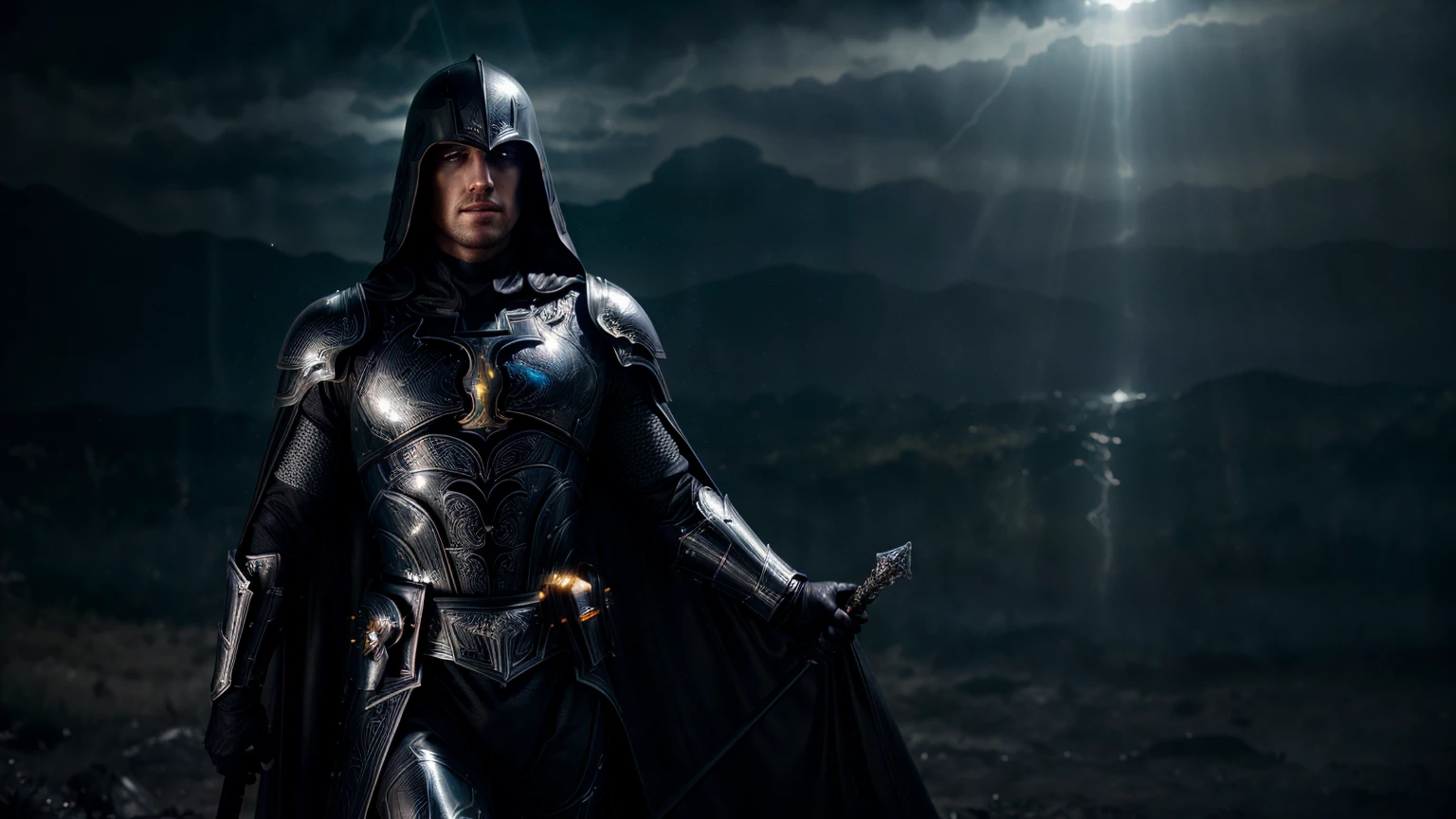full body Male paladin wearing a black leather armor under a shiny black intricate elaborated plate chest armor with silver lightnings accents, long black cape with silver lightnings ornaments, holding a great silver sword, highly dramatic picture, dynamic pose, (((cinematic lighting))), ((clear details)), (1 man), Masterpiece, Of the highest quality, Colorful cinematic lighting, portrait photography, dappled light, HDR, Very detailed, 8k, Hyper realistic, F1.4 opening, 8mm film grain, Cinestill 800, (hyper-realistic lifelike texture:1.4, realistic eyes:1.2), (octane render, unreal engine 5), (ecstasy of light and shadow:1.5, deep shadow:1.5),