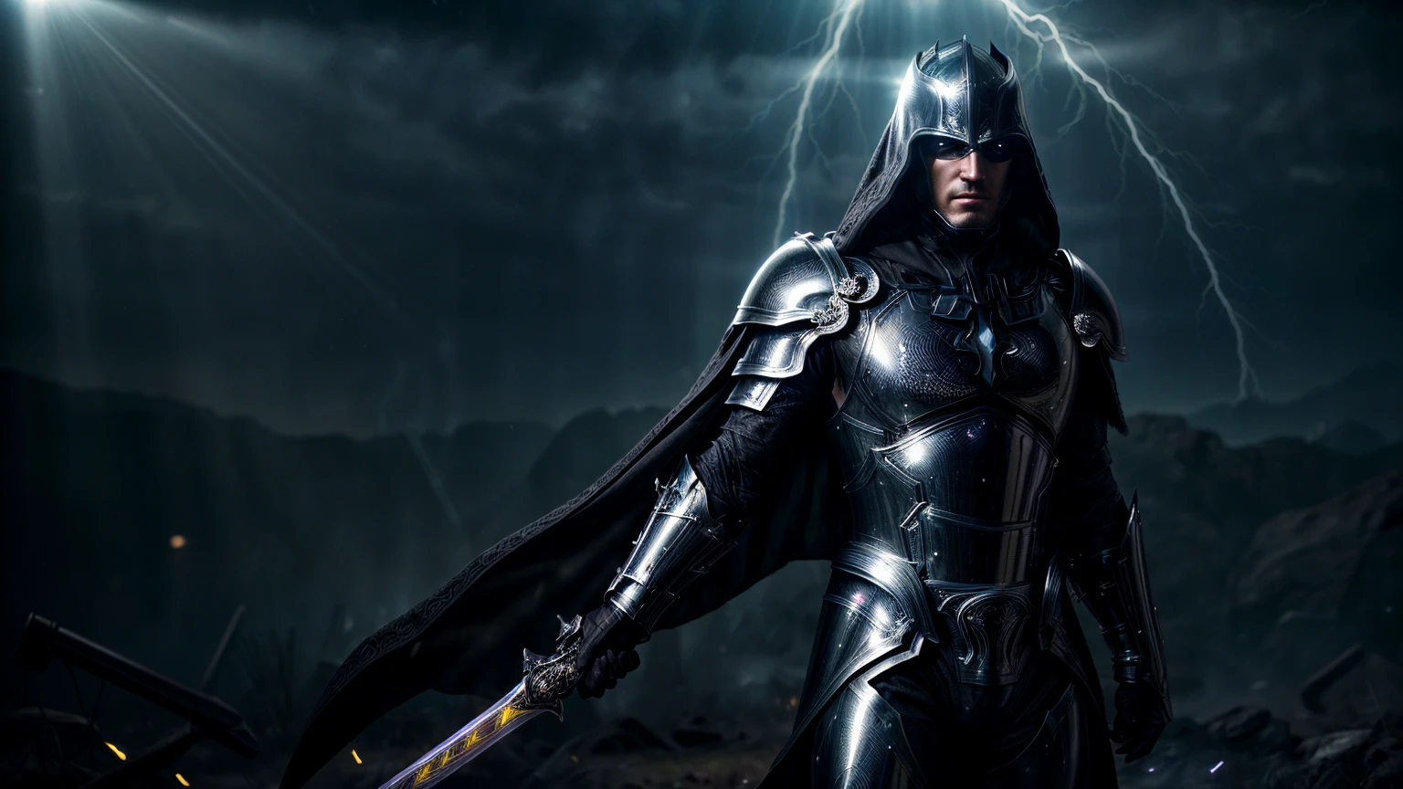 full body Male paladin wearing a black leather armor under a shiny black intricate elaborated plate chest armor with silver lightnings accents, long black cape with silver lightnings ornaments, holding a great silver sword, highly dramatic picture, dynamic pose, (((cinematic lighting))), ((clear details)), (1 man), Masterpiece, Of the highest quality, Colorful cinematic lighting, portrait photography, dappled light, HDR, Very detailed, 8k, Hyper realistic, F1.4 opening, 8mm film grain, Cinestill 800, (hyper-realistic lifelike texture:1.4, realistic eyes:1.2), (octane render, unreal engine 5), (ecstasy of light and shadow:1.5, deep shadow:1.5),