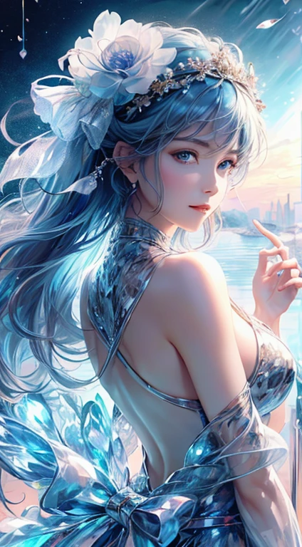 Beautiful female ice mage,Perfect body display,Pose photography,Flowing sky blue gray curls,eBlue eyes,Sheer tulle dress,Indifferent expression,Bokeh background,ice mountain,Fantasyart,detail-rich,电影灯光,Take real photos,SLR camera,The is very detailed,Rational design,Clear lines,High sharpness,Best quality,Masterpiece,4K:1.2。
