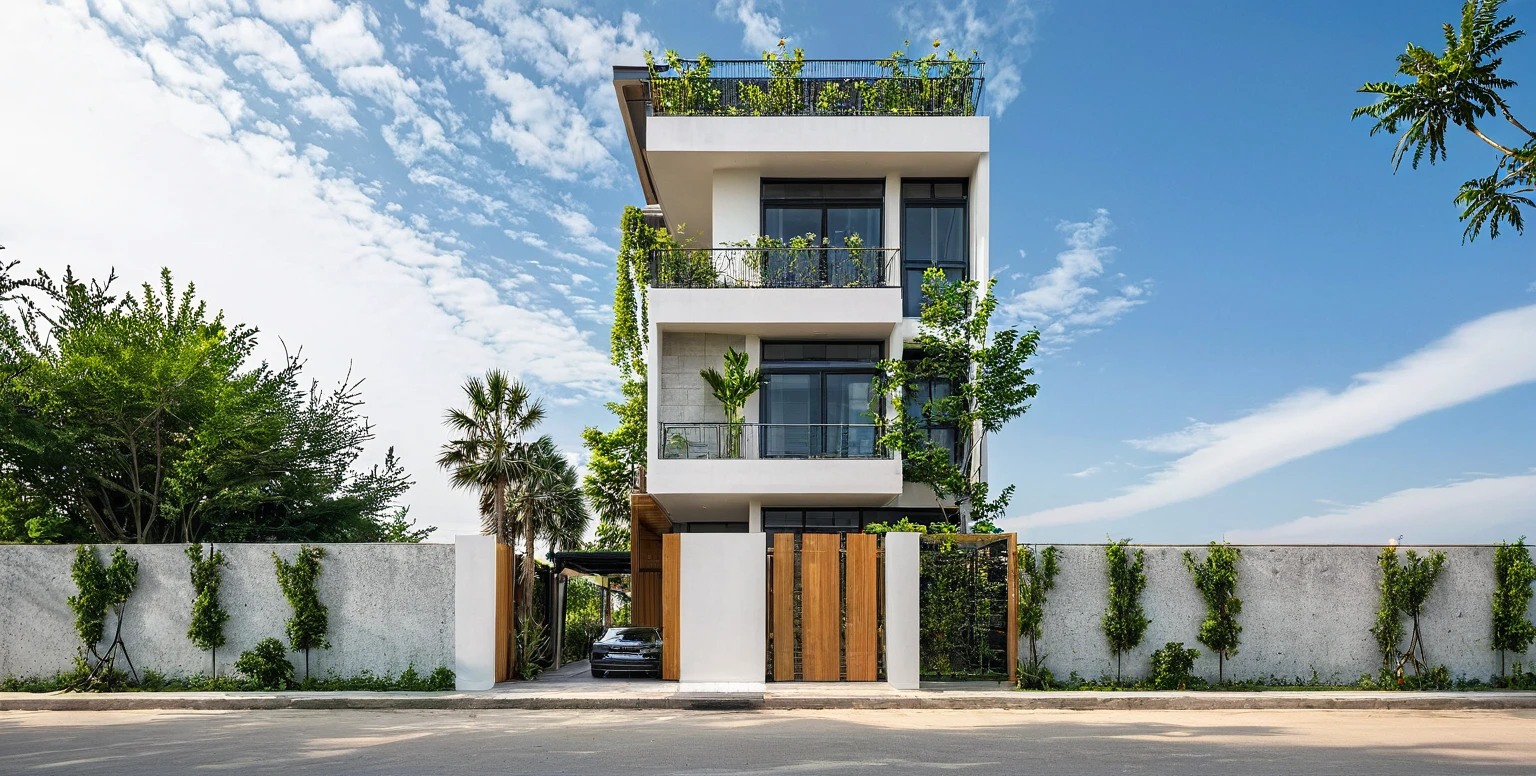 Masterpiece, high quality, best quality, authentic, super detail, outdoors, onestoreyvillaXL, aiaigroup, house style modern on the street ,stairs, white wall ,road,pavement, grass, trees, sky, cloud, (daylight:1.1)