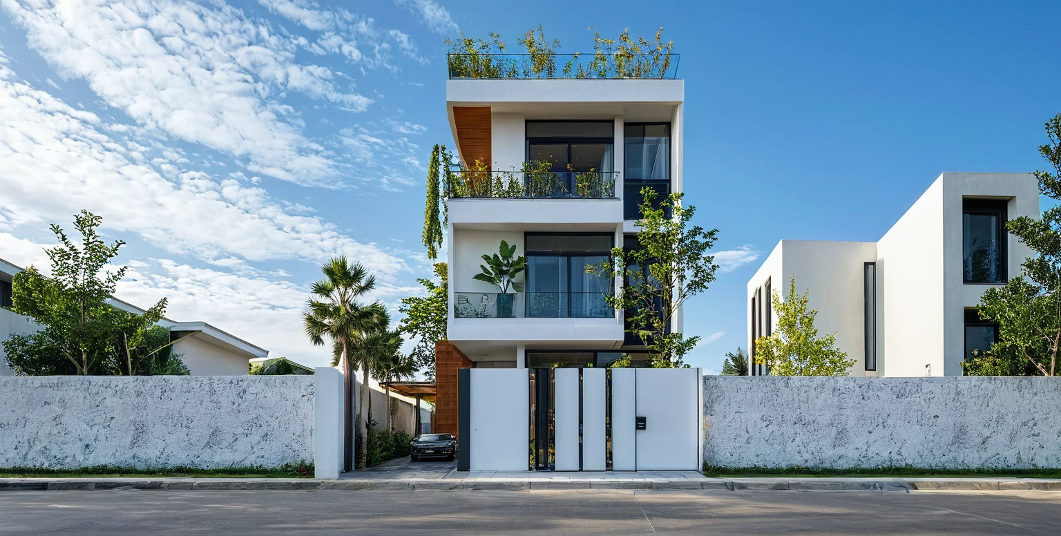 Masterpiece, high quality, best quality, authentic, super detail, outdoors, onestoreyvillaXL, aiaigroup, house style modern on the street ,stairs, white wall ,road,pavement, grass, trees, sky, cloud, (daylight:1.1)