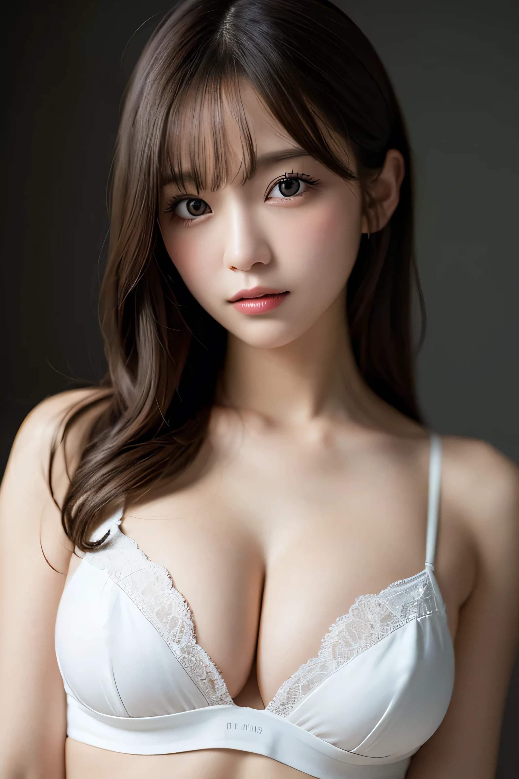 masutepiece, Best Quality, Illustration, Ultra-detailed, finedetail, hight resolution, 8K Wallpaper, Perfect dynamic composition, Beautiful detailed eyes,  Natural lips, White Lingerie:1.5 , Big breasts:1.5, cleavage, Slim Body:1.5