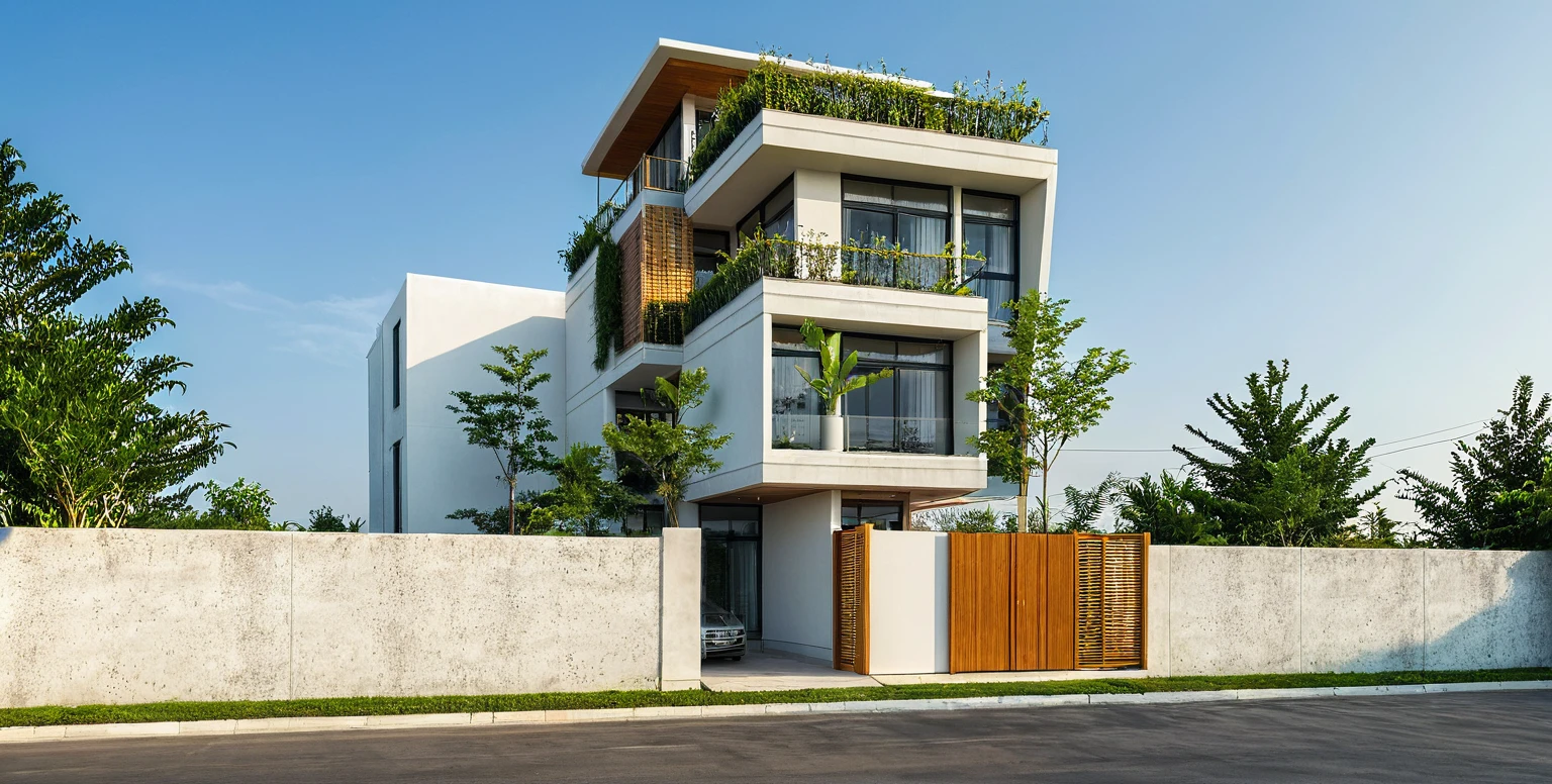 Masterpiece, high quality, best quality, authentic, super detail, outdoors, onestoreyvillaXL, aiaigroup, house style modern on the street ,stairs, white wall ,road,pavement, grass, trees, sky, cloud, (daylight:1.1)