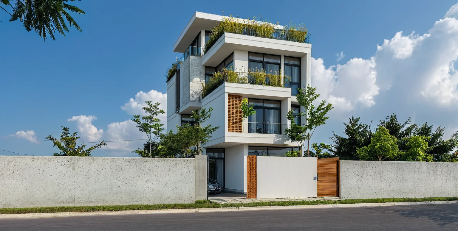 Masterpiece, high quality, best quality, authentic, super detail, outdoors, onestoreyvillaXL, aiaigroup, house style modern on the street ,stairs, white wall ,road,pavement, grass, trees, sky, cloud, (daylight:1.1)