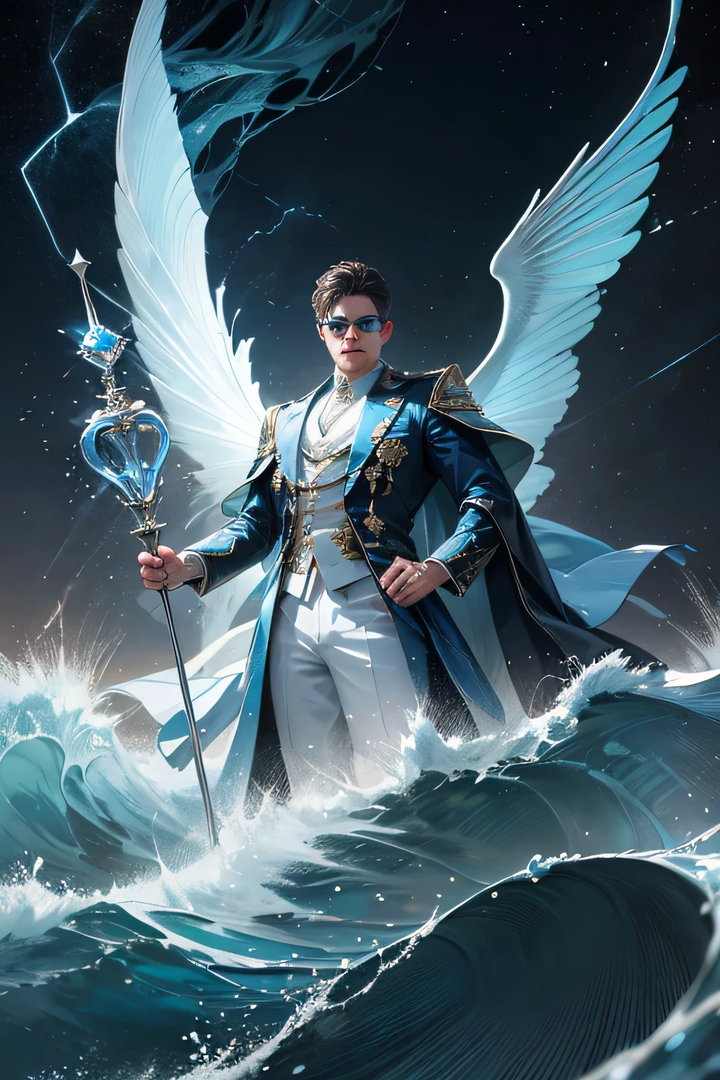 "Create an ultra-realistic image of a strikingly handsome men 33 years old male fairy with magnificent large wings that evoke the vastness of the water and the intensity of deep ocean. He should be holding a magical staff that crackles with the power of the water and waves. Dress him in an elegant outfit with shades of yellowish white and blue, reflecting the colors of dawn and the ethereal water. Surround him with elements of the water, such as storm clouds and flashes of lightning, to emphasize his connection to the water and waves. Include a distinct water symbol or design on his body, signifying his role as the keeper of the water and illustrating the profound water energy he possesses within him."