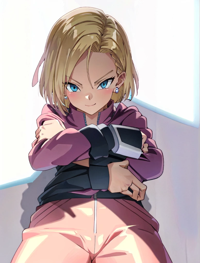 (extremely detailed CG unity 4k wallpaper),(masterpiece),(best quality),(ultra-detailed),(best illustration),(best shadow),(absurdres),(detailed background), Android 18, 1girl, android 18, solo, blonde hair, blue eyes, earrings, jewelry, jacket, crossed arms, short hair, pink track jacket, pants, pink track suit, looking at viewer, pink track pants, smile, breasts, cowboy shot, long sleeves