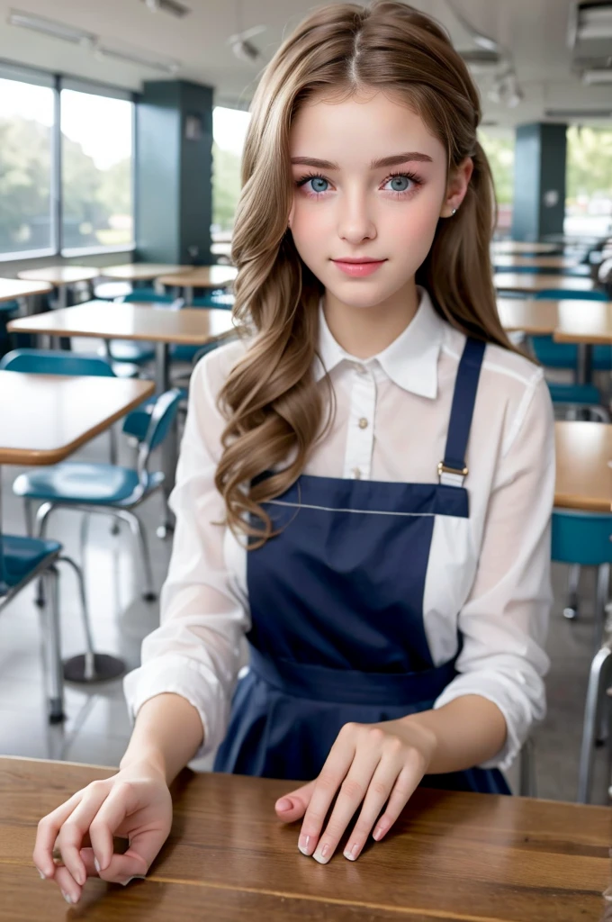 (((European Caucasian Woman)))、(((Mary, 18 years old)))、one person、(Thin contours、Grey Eye:1.5)、(Thin contours)、Big Breasts、Narrow waist、(((White and translucent skin:1.3)))、Beautiful, shiny blonde medium-long hair、High-resolution images,((Tabletop,Highest quality))One Girl, alone, Full body image,cafeteria,Inside the room, hair ornaments, High school girl wearing a white uniform,Esbian all over,Looking at the camera