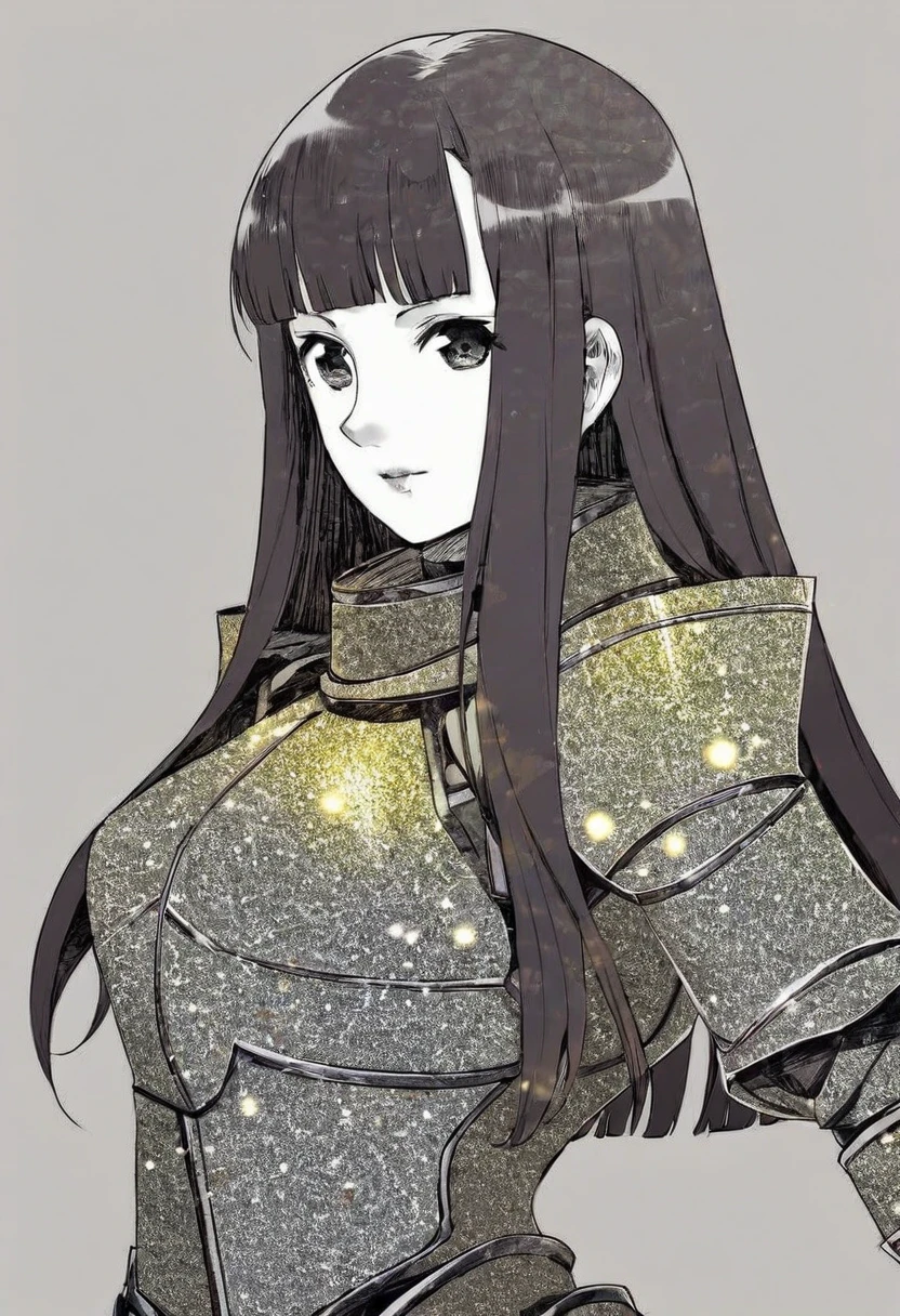 score_9, score_8_up, score_7_up, 1girl, sp1t, abundant detailed hatching shading, monochrome,best quality, high resolution, clean background, blunt bangs, straight hair, hime cut, A medieval female knight in luminous armor, (Luminescent armor:1.3), glitter with gold,
