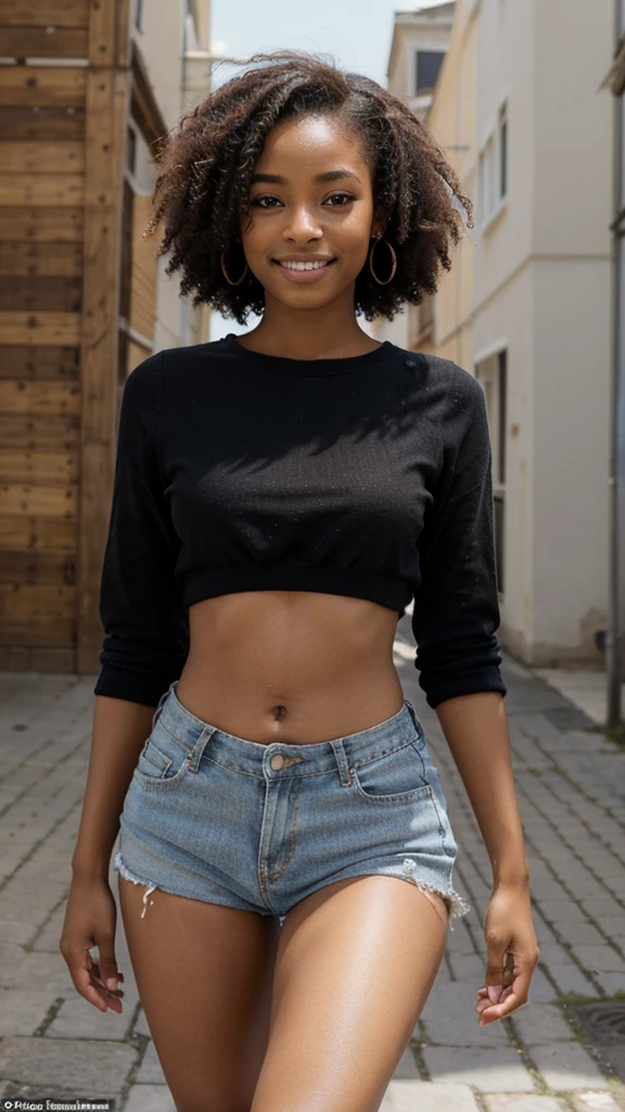 Une jeune fille noire métisse afro-américaine de 20 ans très clair de peau et très belle avec un corps athlétique, skinny des cheveux bouclés mi-longs, un teint lumineux et des traits doux. Elle porte une tenue de vacance moderne et se tient dans un environnement urbain. Elle a un regard confiant et un sourire accueillant." je veut une photo très réaliste pour un compte Instagram