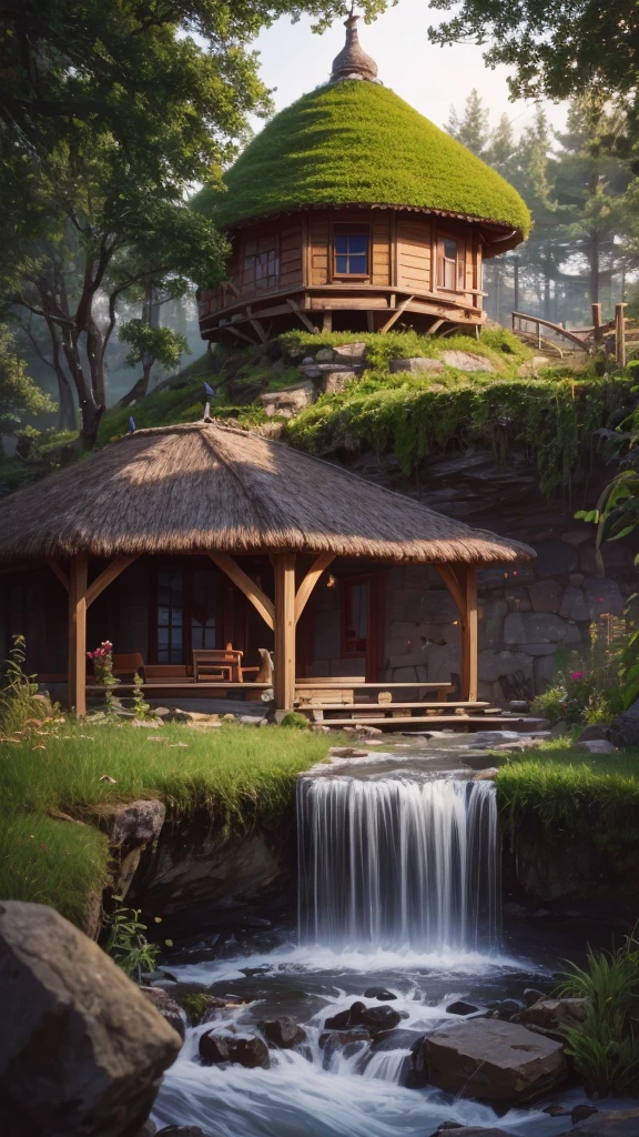 (3D isometric),(Masterpiece),  (Extremely detailed CG unity 8k wallpaper), (Best Quality), (best illustration), (best shadow),, Sharp , Templo balinés, A round turnip hut covered in moss., ,octane rendering,ray tracing,ultra detailed