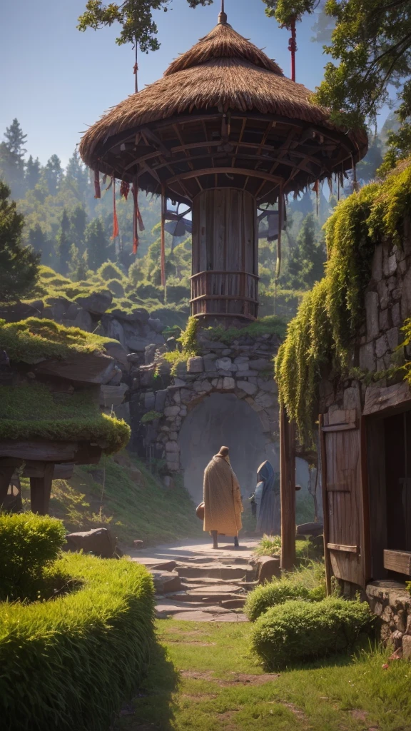 (3D isometric),(Masterpiece), (Extremely detailed CG unity 8k wallpaper), (Best Quality), (best illustration), (best shadow),, Sharp , Templo balinés, A round turnip hut covered in moss., ,octane rendering,ray tracing,ultra detailed