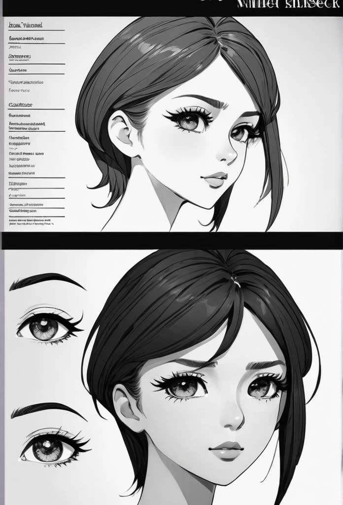 (Highest quality,Very detailed),Detailed Background,Detailed face,Long eyelashes, Comprehensive model sheet for the character, Includes front and side views, With detailed perspectives and angles