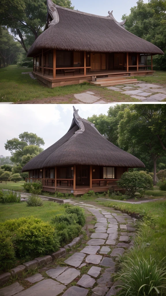 3D isometric, masterpiece, extremely detailed 8k cg unity wallpaper, best quality, best illustration, best shading, sharp, balinese temple, round mossy thatched hut, octane rendering, ray tracing, ultra detailed