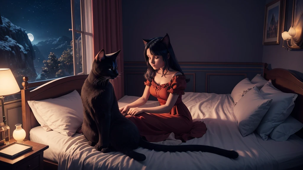 there is a woman sitting on a bed with a cat, animated film, calm night. digital illustration, animated movie scene, pixar renderman render, pixar portrait 8 k photo, movie still 8 k, animated film still, pixar art 3d, moonlit night dreamy atmosphere, animated movie still, unreal engine ; romantic theme, red and cinematic lighting