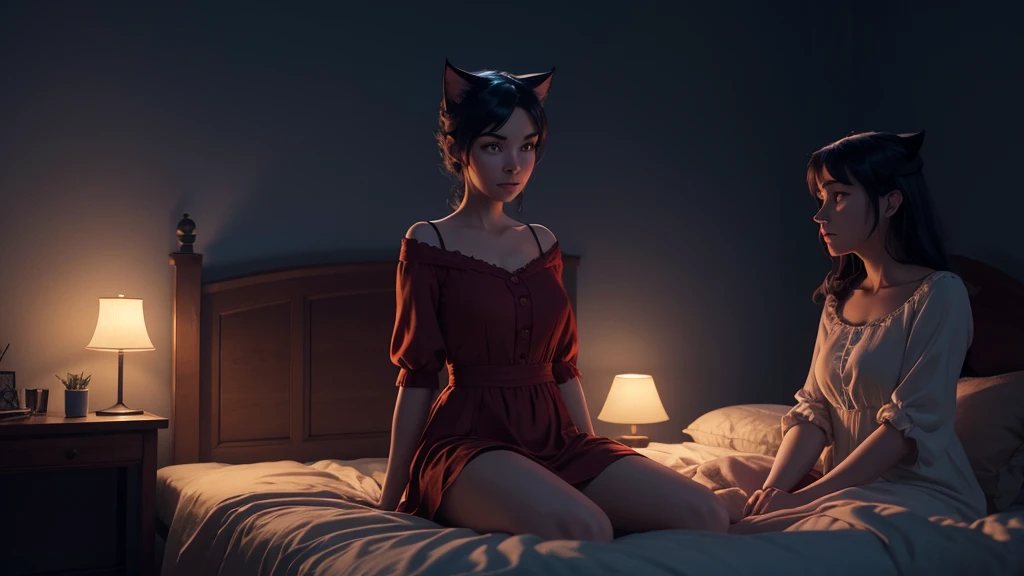 there is a woman sitting on a bed with a cat, animated film, calm night. digital illustration, animated movie scene, pixar renderman render, pixar portrait 8 k photo, movie still 8 k, animated film still, pixar art 3d, moonlit night dreamy atmosphere, animated movie still, unreal engine ; romantic theme, red and cinematic lighting