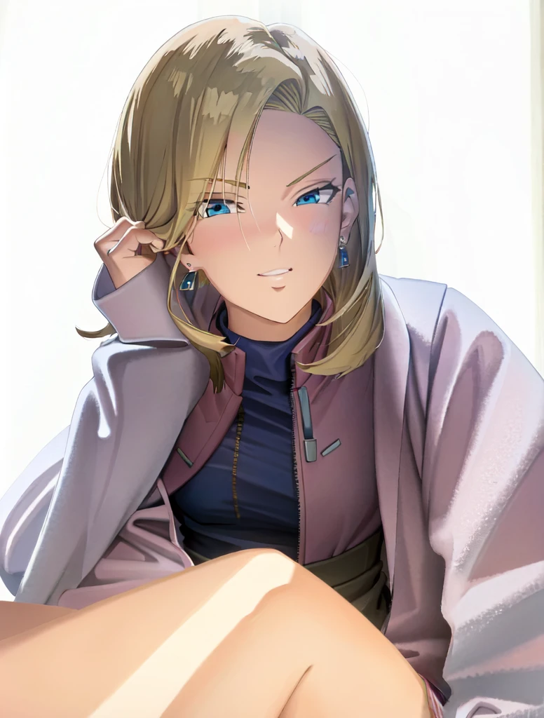 (extremely detailed CG unity 4k wallpaper),(masterpiece),(best quality),(ultra-detailed),(best illustration),(best shadow),(absurdres),(detailed background), Android 18, 1girl, android 18, solo, blonde hair, blue eyes, earrings, jewelry, jacket, crossed arms, short hair, pink track jacket, pants, pink track suit, looking at viewer, pink track pants, smile, breasts, cowboy shot, long sleeves