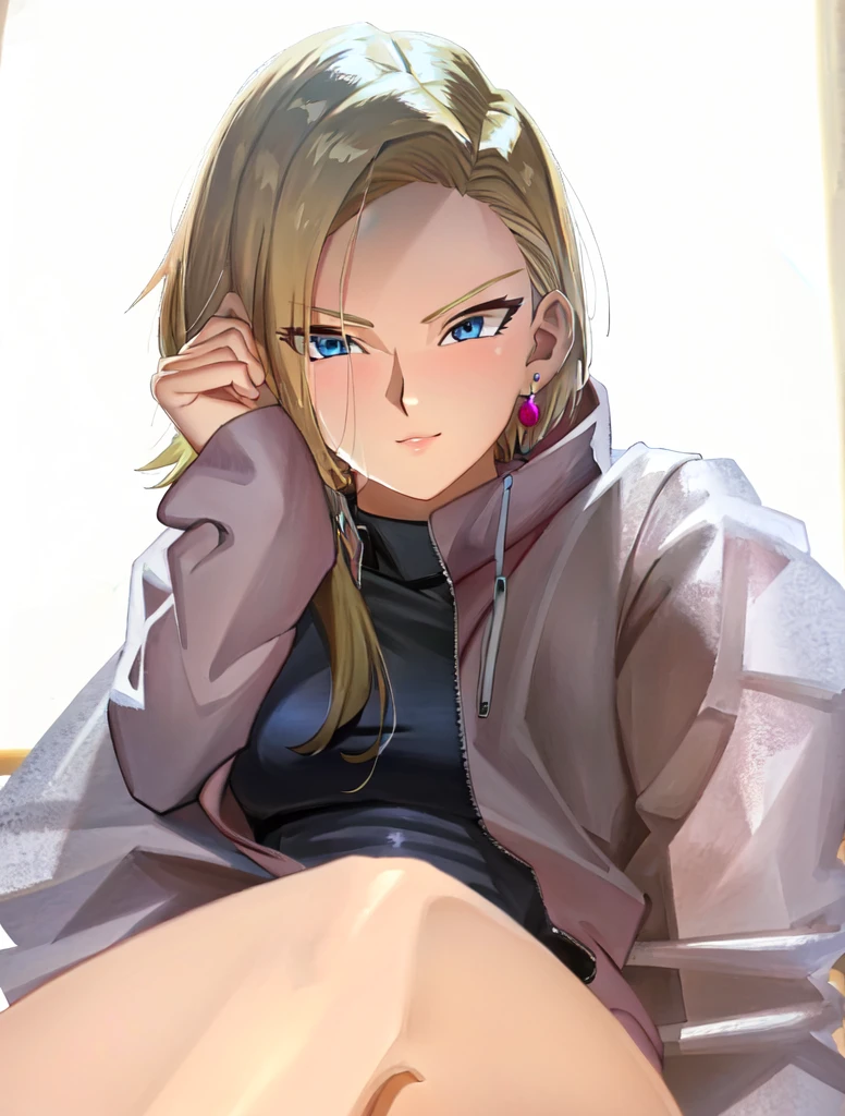 (extremely detailed CG unity 4k wallpaper),(masterpiece),(best quality),(ultra-detailed),(best illustration),(best shadow),(absurdres),(detailed background), Android 18, 1girl, android 18, solo, blonde hair, blue eyes, earrings, jewelry, jacket, crossed arms, short hair, pink track jacket, pants, pink track suit, looking at viewer, pink track pants, smile, breasts, cowboy shot, long sleeves