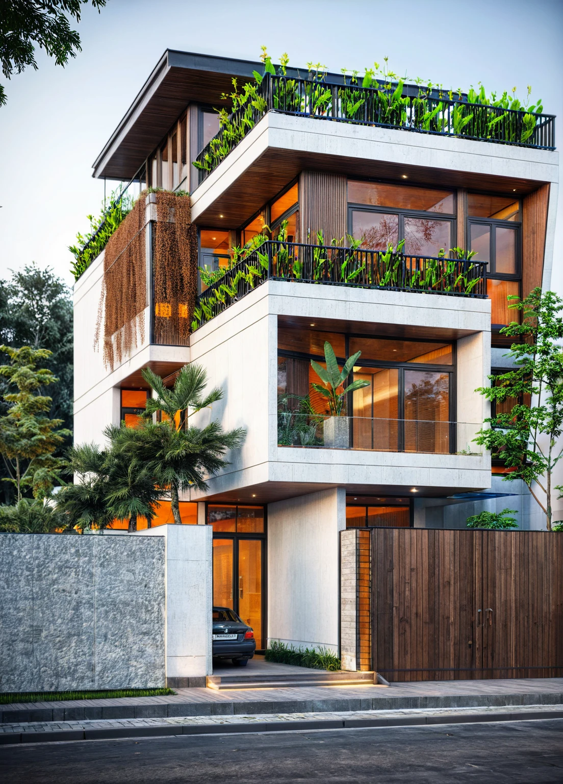 modern villa, modern style, traditional ventilation tiles, open space loft villa with roof garden, modern, dynamic (RAW photo, real, best quality, masterpiece:1.2), (hyper realistic, photo-realistic:1.2), high quality, (dark lighting:1.2), perfect lighting, archdaily, architecture digest award wining sustainable architecture, cinematic